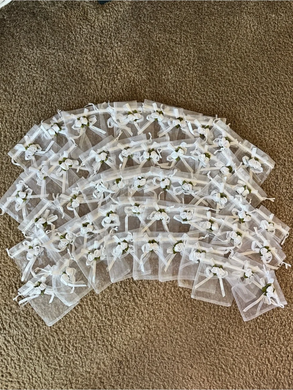 50 PCS White 3D Flower Organza Drawstring Gift Bags